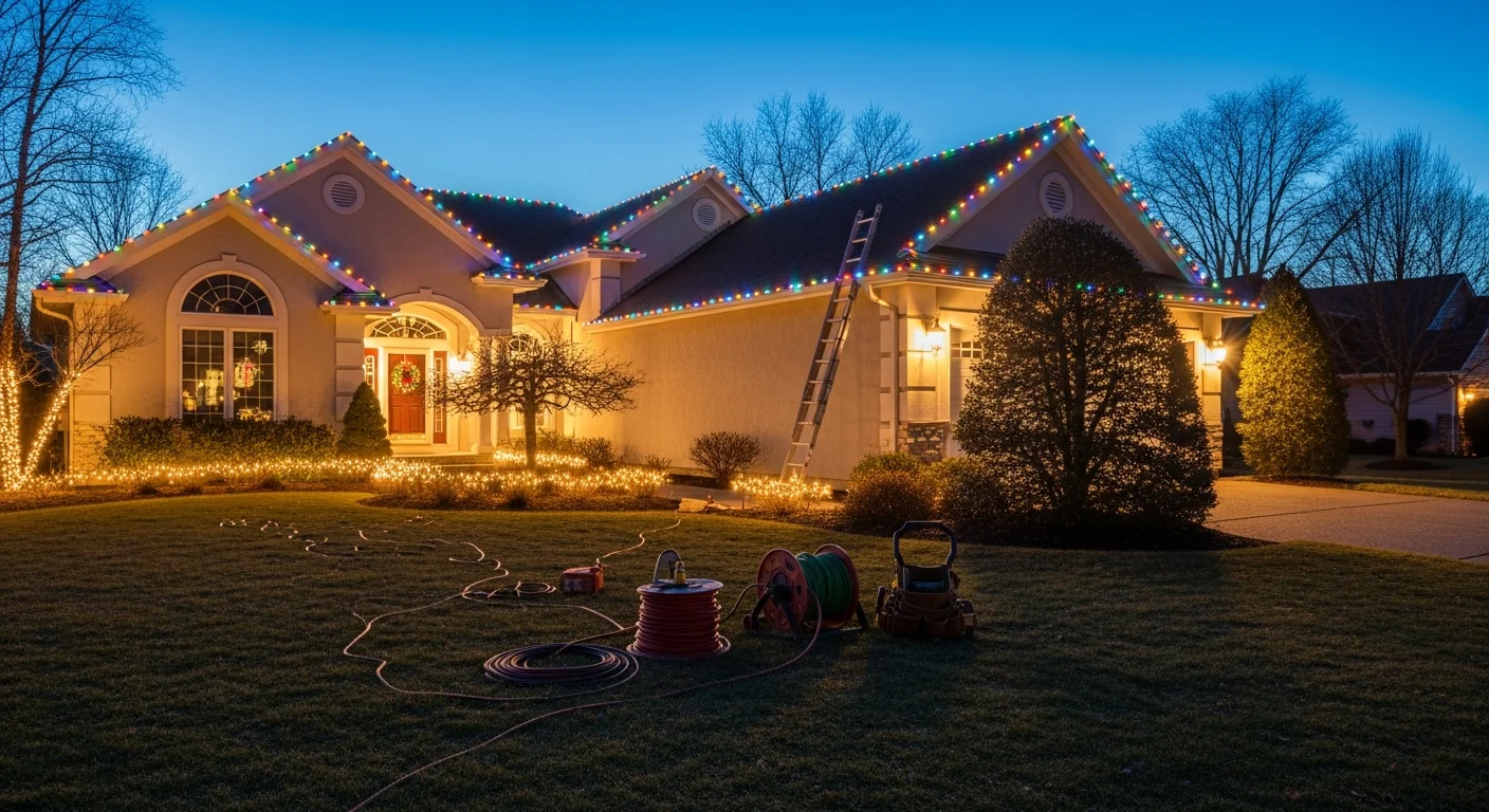 Professionally installed warm white Christmas lights on residential home exterior