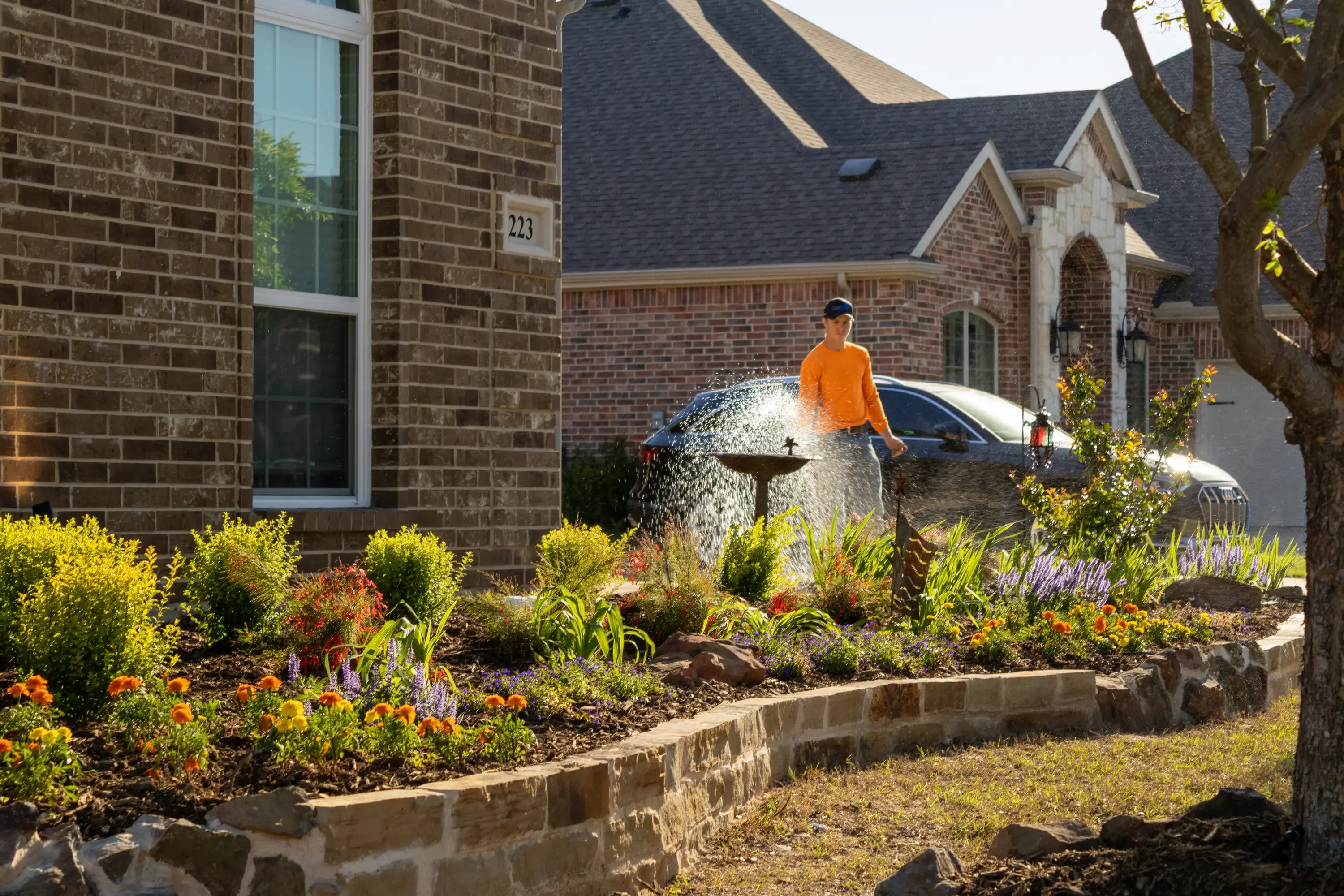 Tiered landscape beds with perennials, ornamental grasses, and stone edging in front yard
