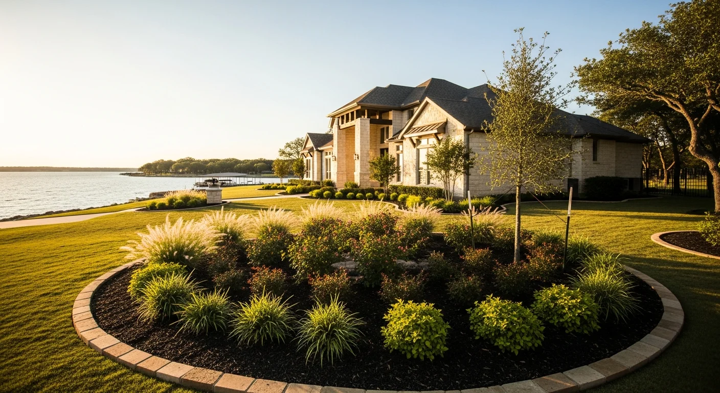 Lakefront Rockwall home with manicured landscaping and waterfront view in background.