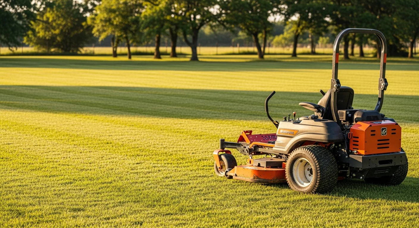 A large open acreage property in Rockwall, Texas with freshly mowed grass rows visible across a wide flat lot bordered by a fence line. A commercial zero-turn mower sits in the foreground on neatly cut Bermuda grass under a clear Texas sky.