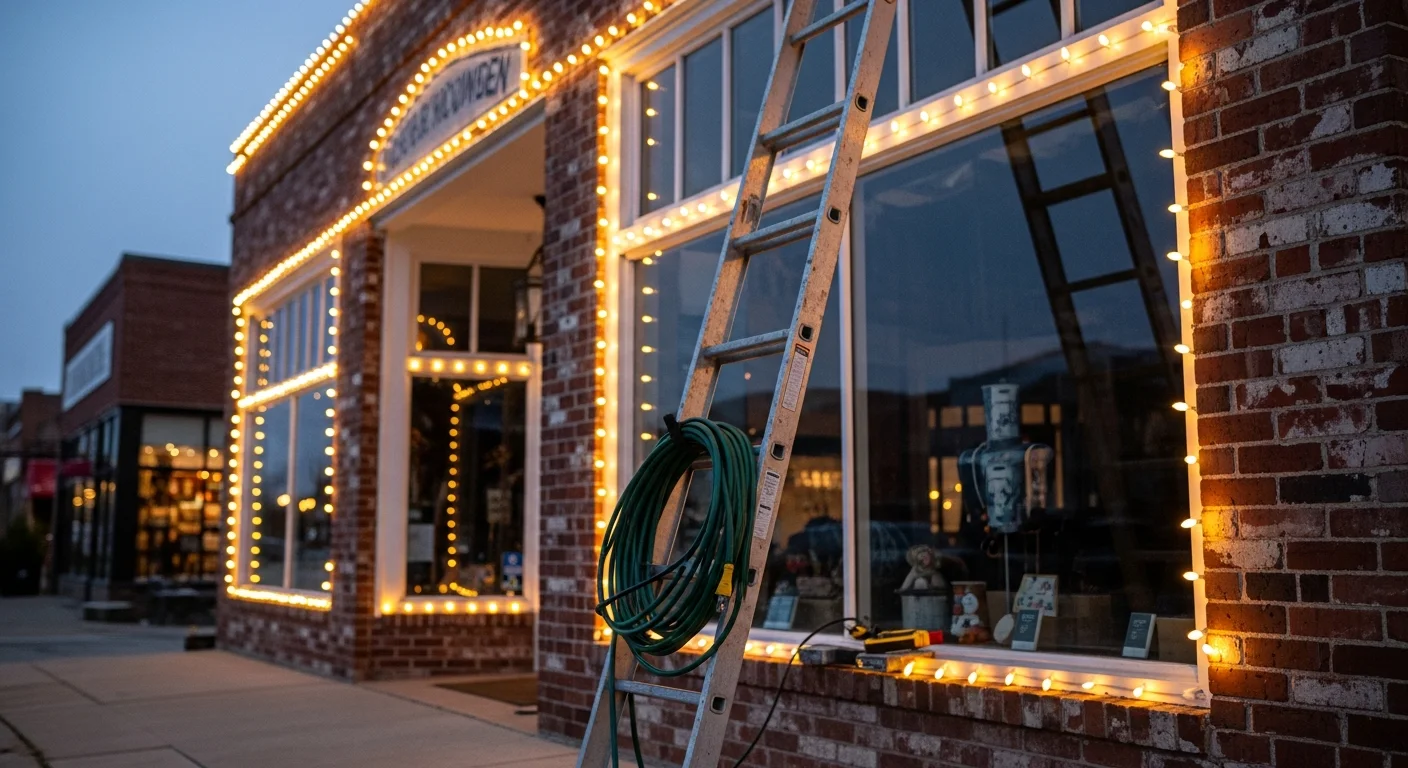 Commercial Christmas lights installed along the roofline and storefront facade of a retail building in Rockwall, TX. Warm white LED strands outline the structure against a dark evening sky in a busy commercial corridor.