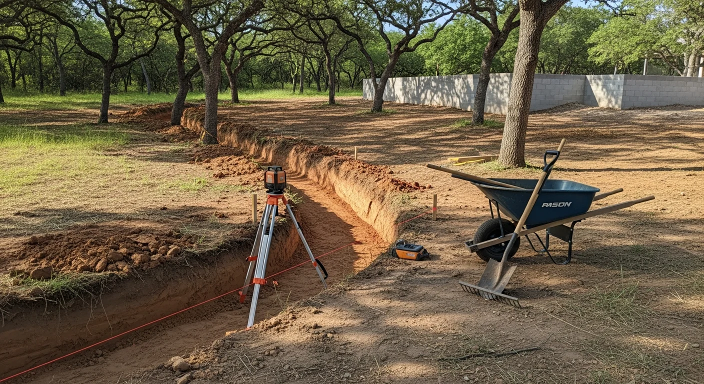 A freshly graded Rockwall residential yard with a newly installed underground drainage system, showing a clean trench line running away from the home's foundation toward a discharge point at the property edge. Clay soil is visible along the trench walls, with restored turf surrounding the completed work area.