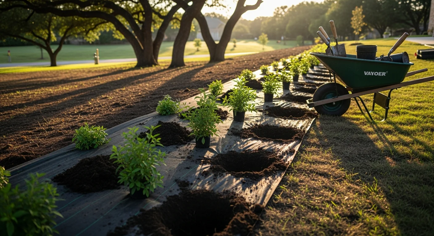 A finished residential landscape installation in Rockwall, Texas, showing defined planting beds with native shrubs, clean edging, and a graded front yard on a single-family home. The design reflects North Texas growing conditions with low-water plantings and structured layout.