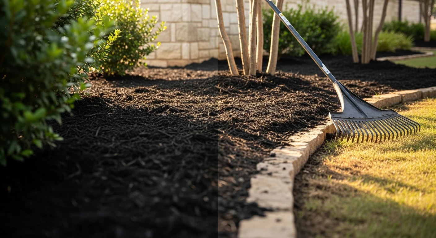 Freshly applied dark mulch covering a residential landscape bed in Rockwall, Texas, with neatly edged borders and healthy shrubs. A Channell Outdoor Services crew member spreads mulch evenly around plant bases in a front yard setting.
