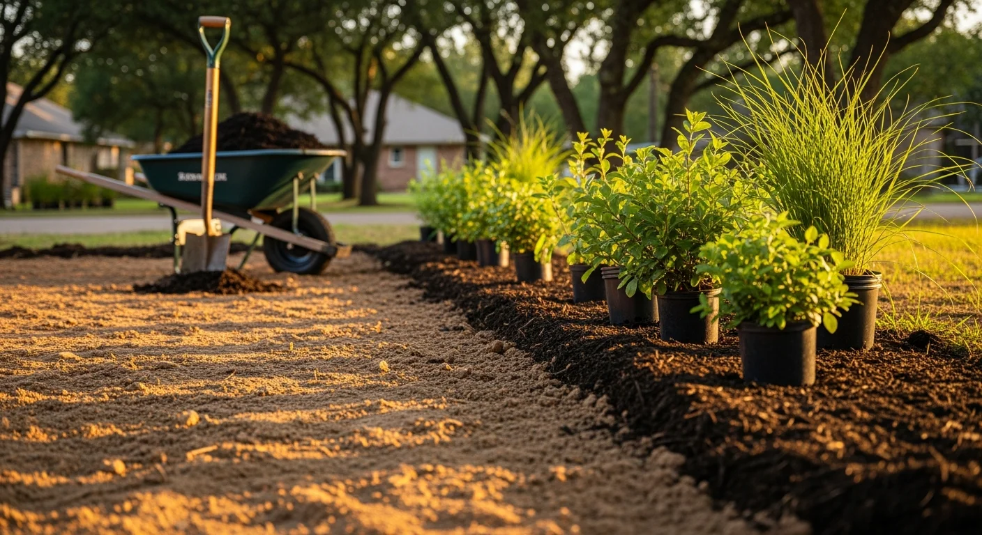 A freshly planted landscape bed at a Rockwall, Texas residential property, showing newly installed shrubs and ground cover arranged along a brick home foundation. Mulched beds and dark prepared soil surround the plants after installation by Channell Outdoor Services.