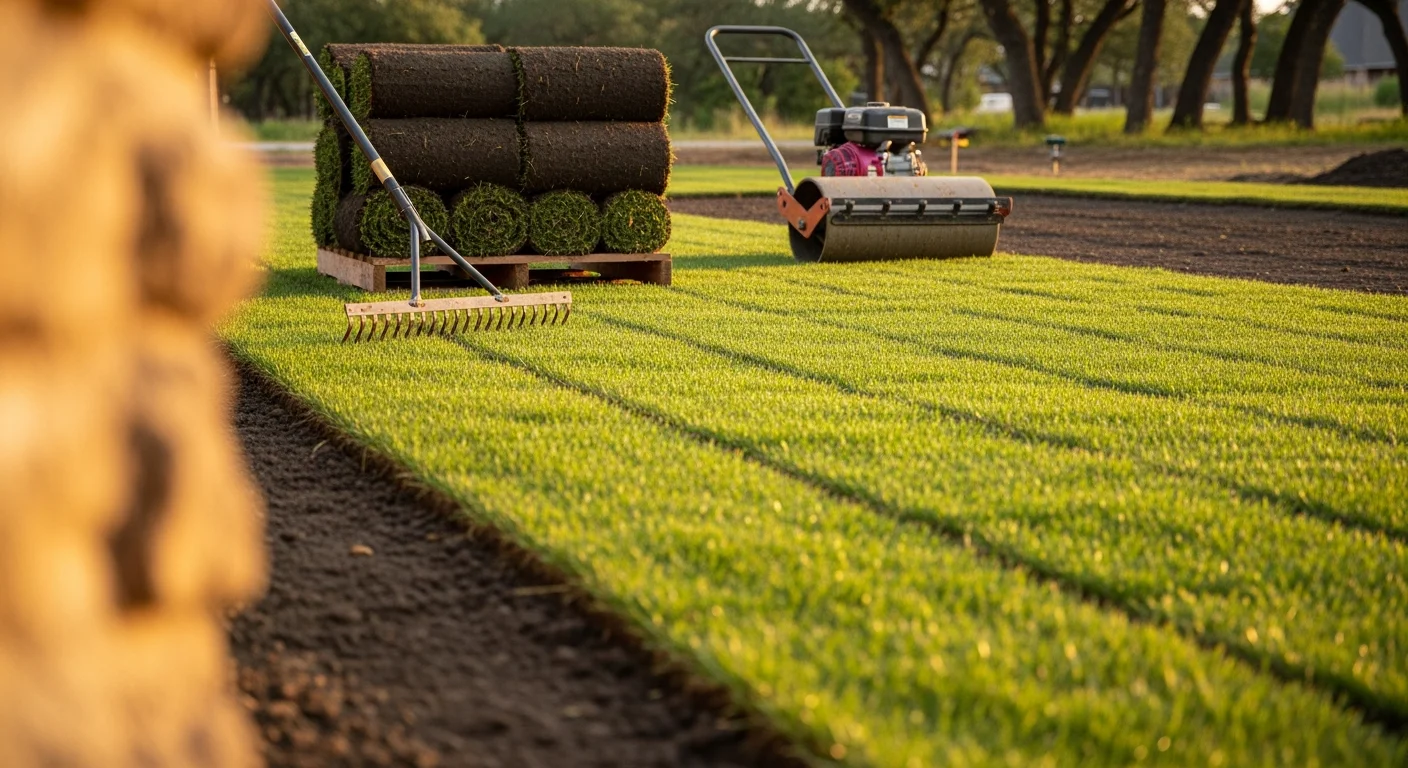 Freshly installed sod covering a residential front yard in Rockwall, Texas, with tight seams and a smooth, even surface. A landscape contractor from Channell Outdoor Services finishes the final row along the edge of the lawn.
