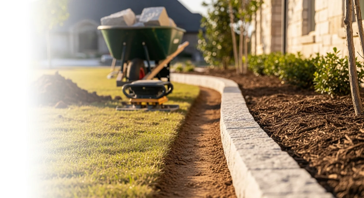 Freshly installed stone border defining a curved planting bed along a residential lawn in Rockwall, Texas. Natural stone pieces are set flush with the turf edge, separating mulched beds from the surrounding grass.